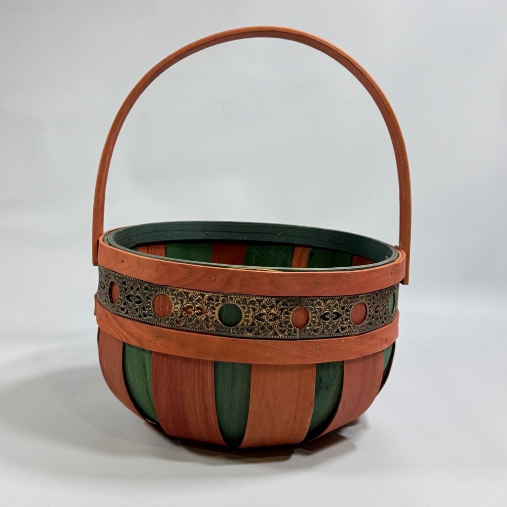 VTG Basket w/Handle Green & Wood Metal Trim 8" Opening Cottagecore Rustic Farm